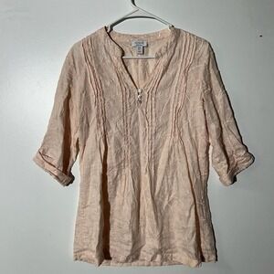 Kenar 100% Linen Light Peach Scrollwork V-Neck Shirt Women's Size Small